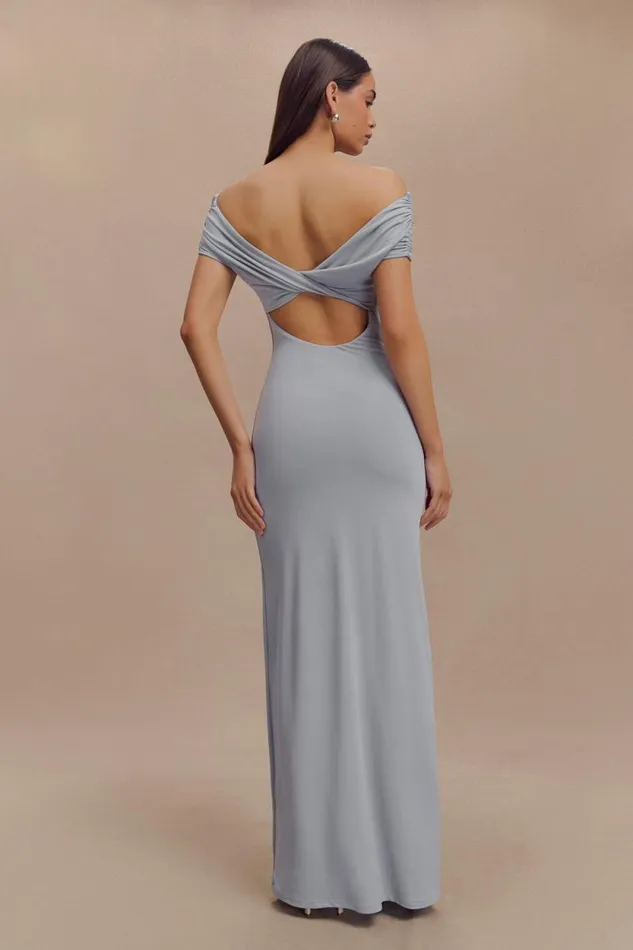 Women Meshki Dresses Imogen Off Shoulder Slinky Maxi Dress 8211 Dusty Blue