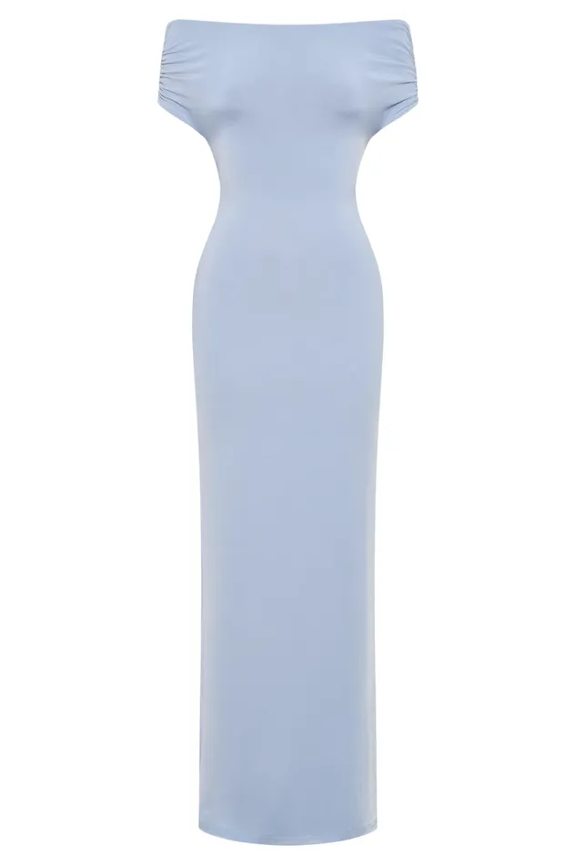 Women Meshki Dresses Imogen Off Shoulder Slinky Maxi Dress 8211 Dusty Blue