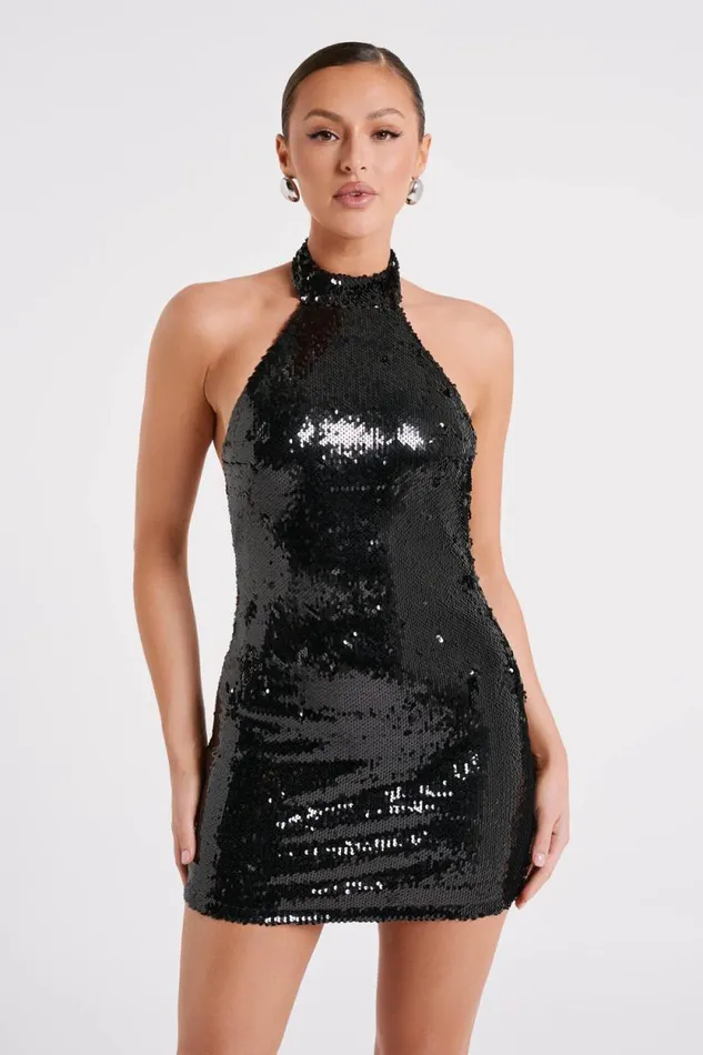 Women Meshki Dresses Jayne Sequin Halter Mini Dress 8211 Black