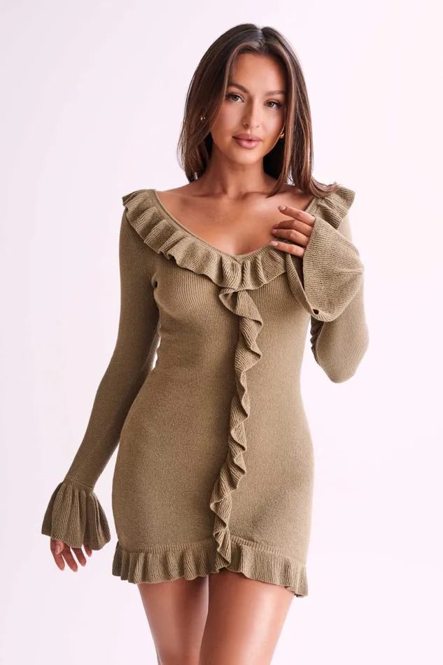 Women Meshki Dresses Karolina Knit Mini Dress With Frill 8211 Olive