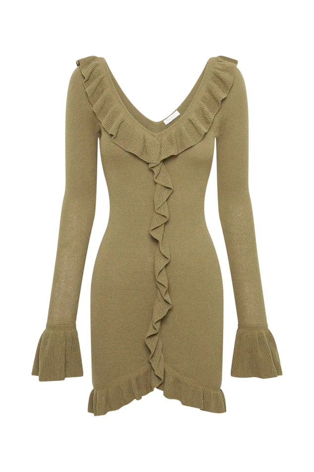 Women Meshki Dresses Karolina Knit Mini Dress With Frill 8211 Olive