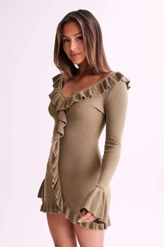 Women Meshki Dresses Karolina Knit Mini Dress With Frill 8211 Olive