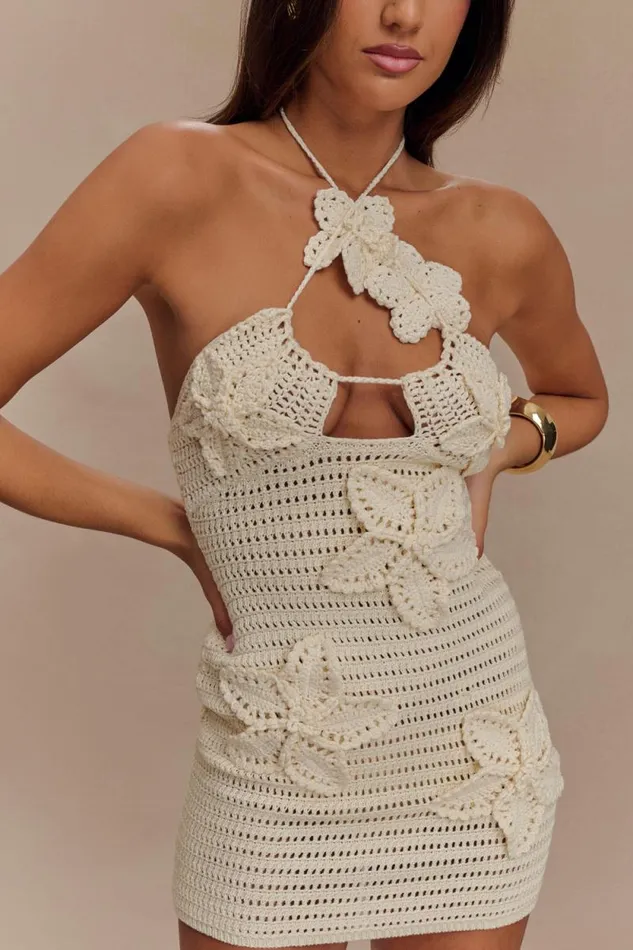 Women Meshki Dresses Kyla Floral Crochet Mini Dress 8211 Buttercream