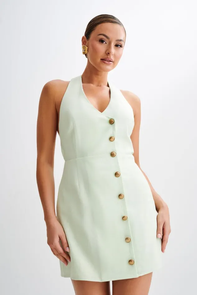 Women Meshki Dresses Lorraine Linen Halter Mini Dress 8211 Mint