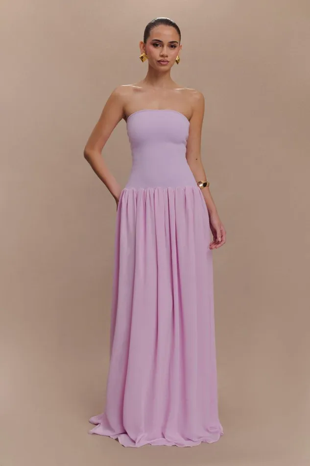 Women Meshki Dresses Lyanna Knit And Chiffon Strapless Maxi Dress 8211 Lilac