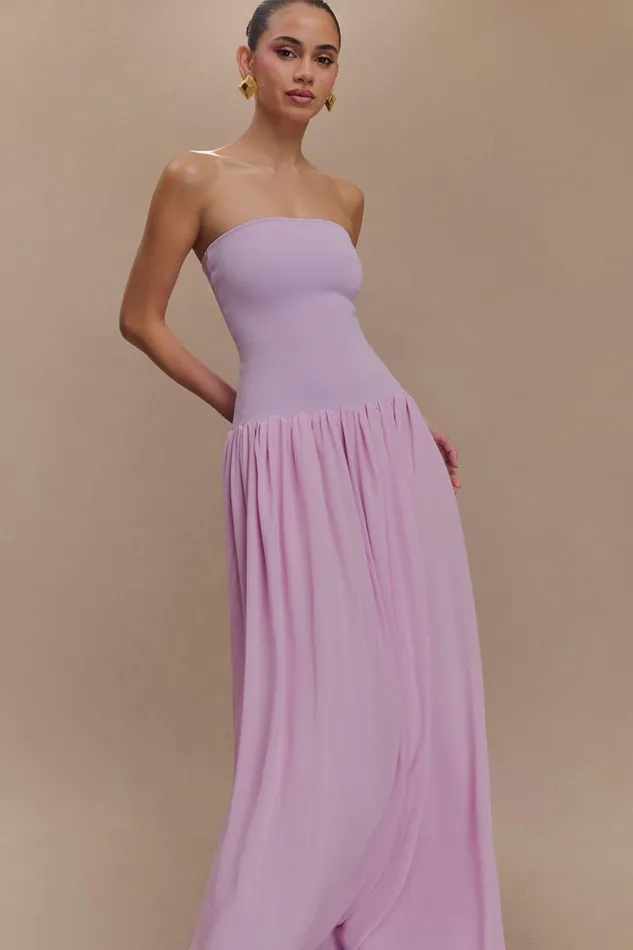Women Meshki Dresses Lyanna Knit And Chiffon Strapless Maxi Dress 8211 Lilac