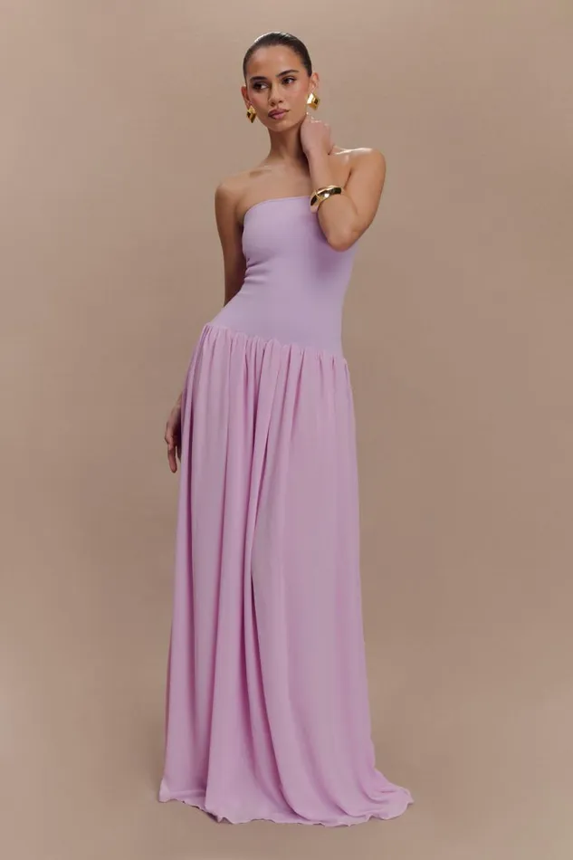 Women Meshki Dresses Lyanna Knit And Chiffon Strapless Maxi Dress 8211 Lilac