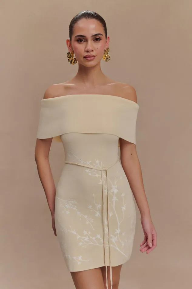 Women Meshki Dresses Mallory Off Shoulder Embroidered Knit Mini Dress 8211 Cream And Ivory