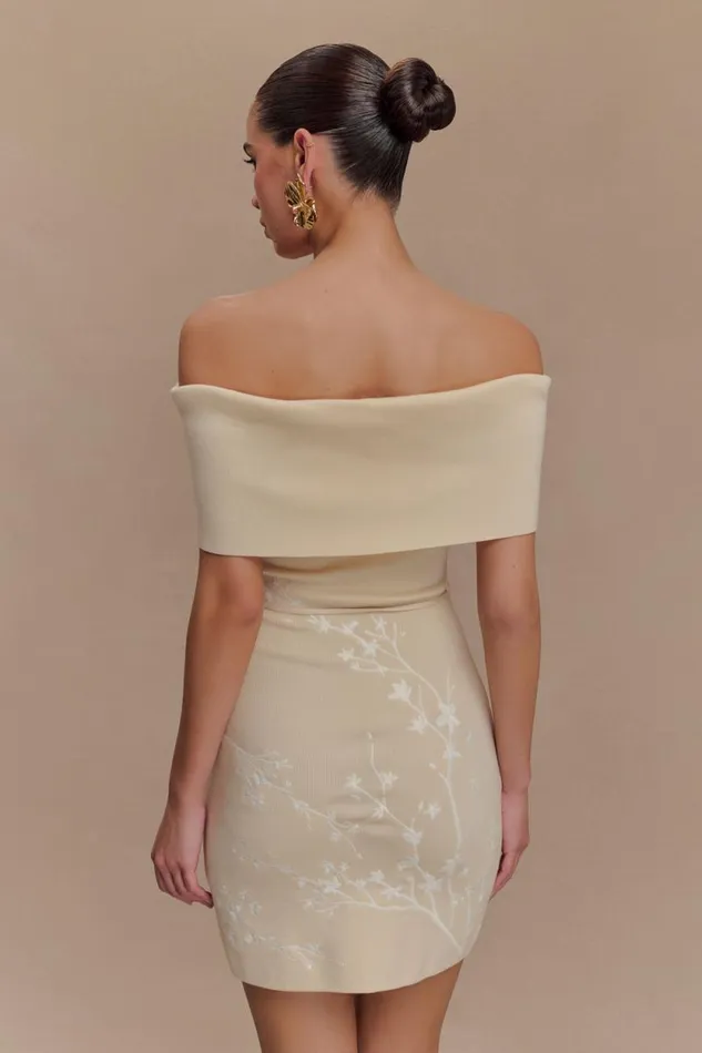 Women Meshki Dresses Mallory Off Shoulder Embroidered Knit Mini Dress 8211 Cream And Ivory