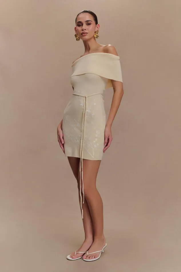 Women Meshki Dresses Mallory Off Shoulder Embroidered Knit Mini Dress 8211 Cream And Ivory