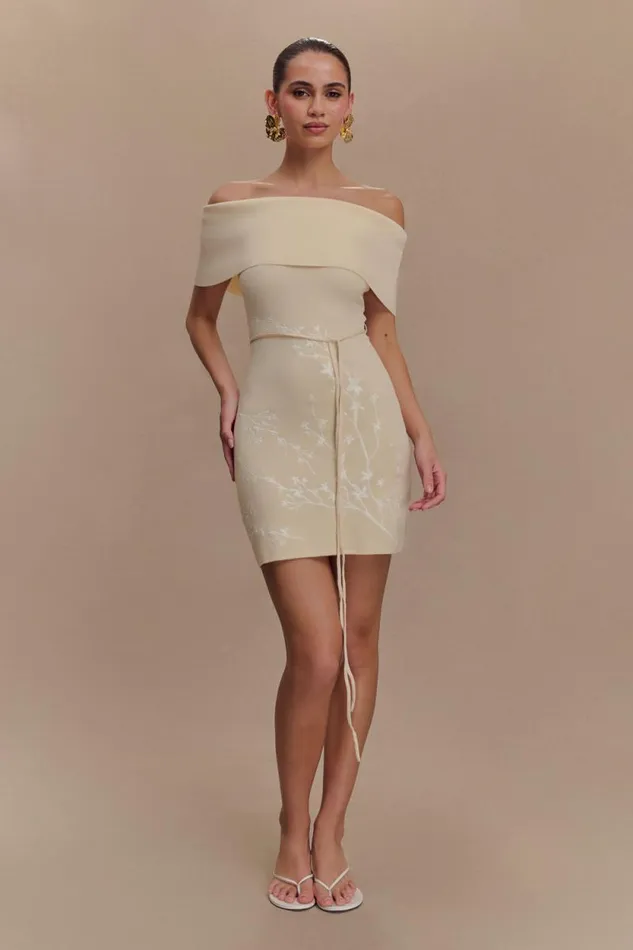 Women Meshki Dresses Mallory Off Shoulder Embroidered Knit Mini Dress 8211 Cream And Ivory