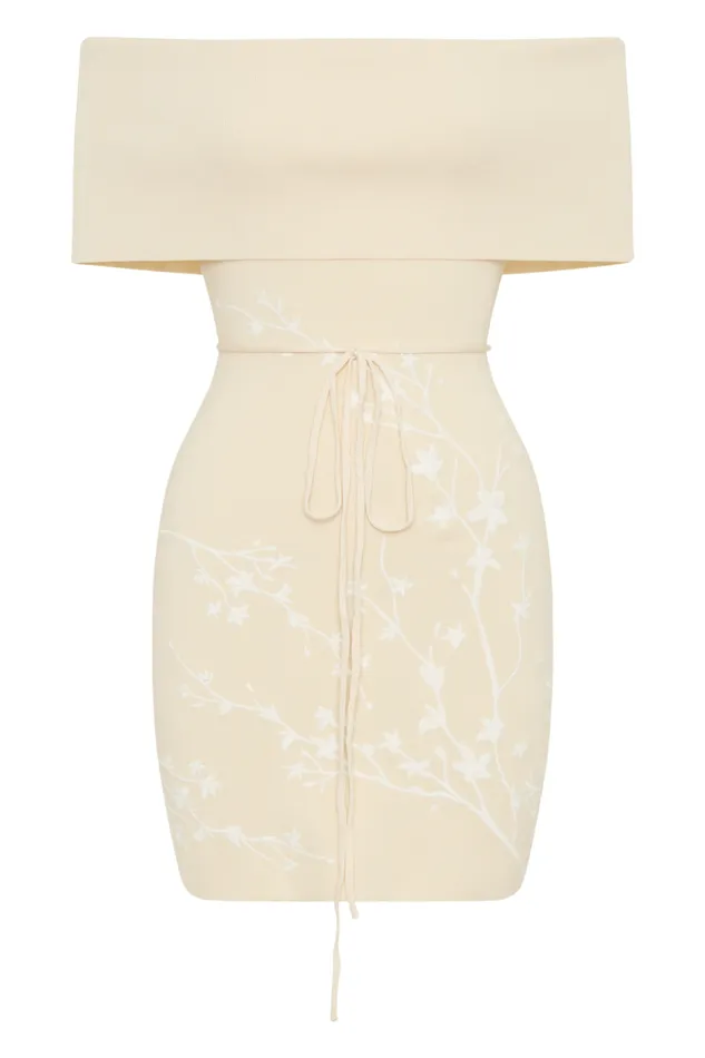 Women Meshki Dresses Mallory Off Shoulder Embroidered Knit Mini Dress 8211 Cream And Ivory