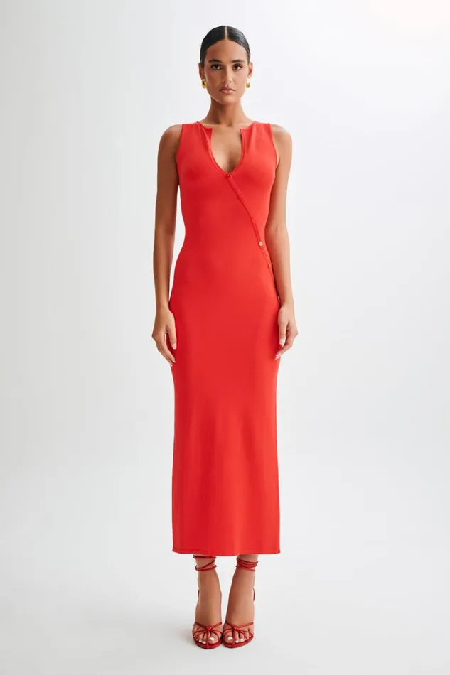 Women Meshki Dresses Marina Sleeveless Buttoned Knit Midi Dress 8211 Pomegranate
