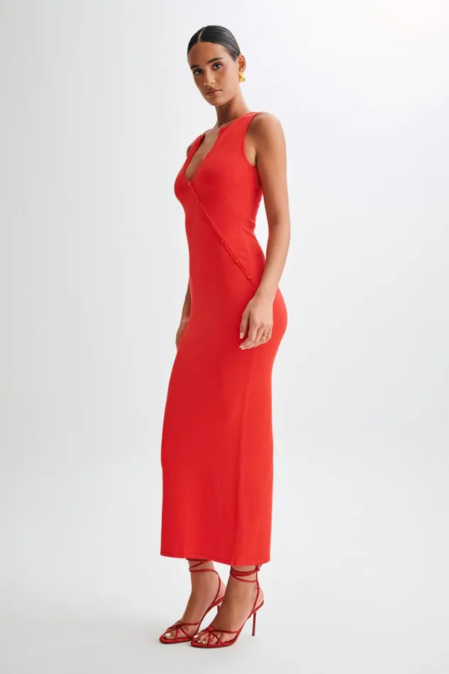 Women Meshki Dresses Marina Sleeveless Buttoned Knit Midi Dress 8211 Pomegranate