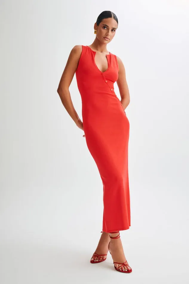 Women Meshki Dresses Marina Sleeveless Buttoned Knit Midi Dress 8211 Pomegranate