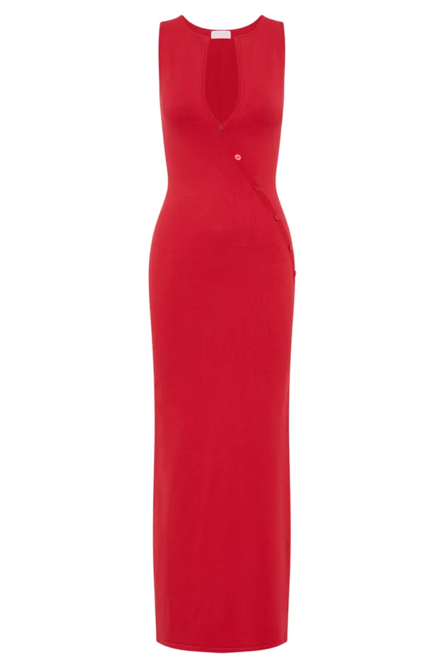 Women Meshki Dresses Marina Sleeveless Buttoned Knit Midi Dress 8211 Pomegranate