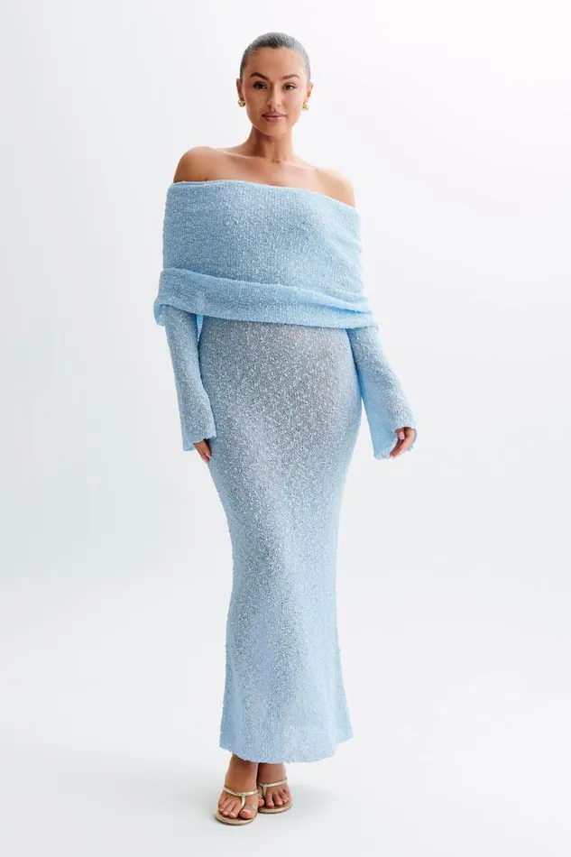 Women Meshki Dresses Marisol Off Shoulder Boucle Maxi Dress 8211 Light Blue