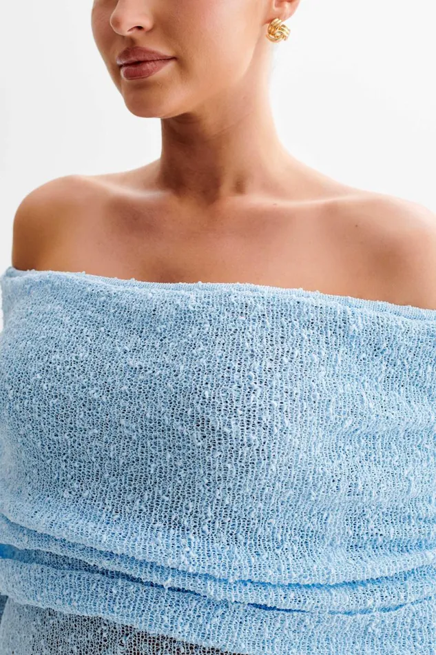 Women Meshki Dresses Marisol Off Shoulder Boucle Maxi Dress 8211 Light Blue