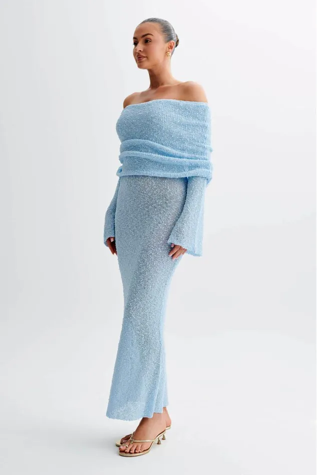 Women Meshki Dresses Marisol Off Shoulder Boucle Maxi Dress 8211 Light Blue