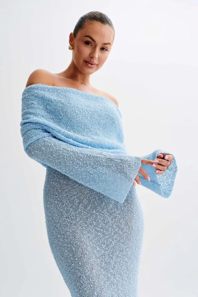 Women Meshki Dresses Marisol Off Shoulder Boucle Maxi Dress 8211 Light Blue