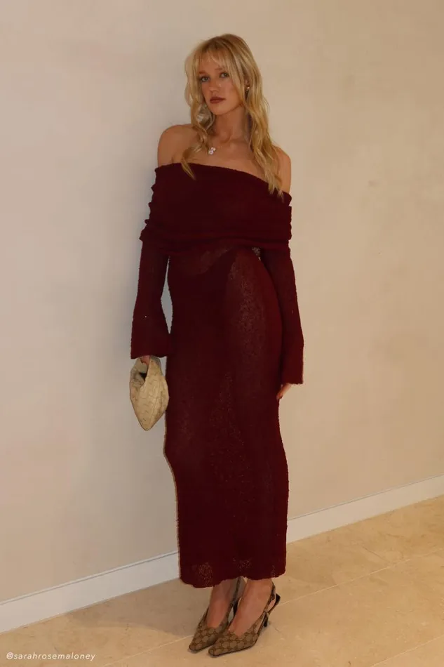 Women Meshki Dresses Marisol Off Shoulder Boucle Maxi Dress 8211 Plum