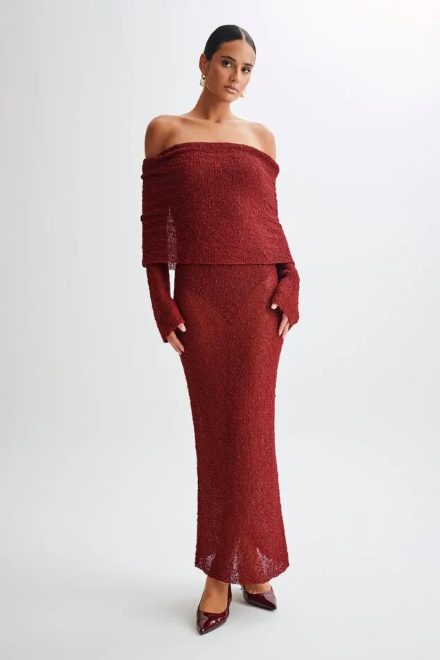 Women Meshki Dresses Marisol Off Shoulder Boucle Maxi Dress 8211 Plum