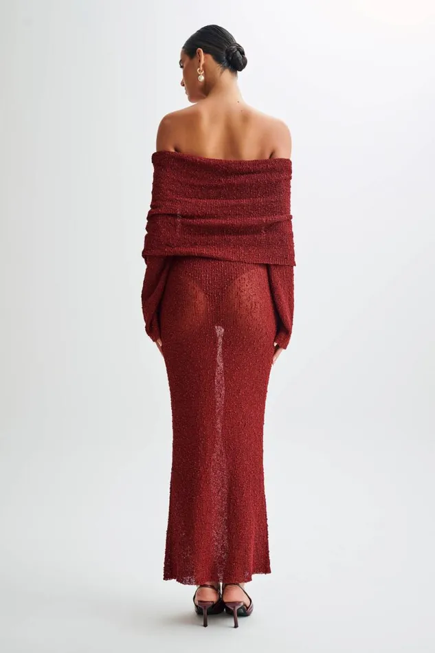 Women Meshki Dresses Marisol Off Shoulder Boucle Maxi Dress 8211 Plum