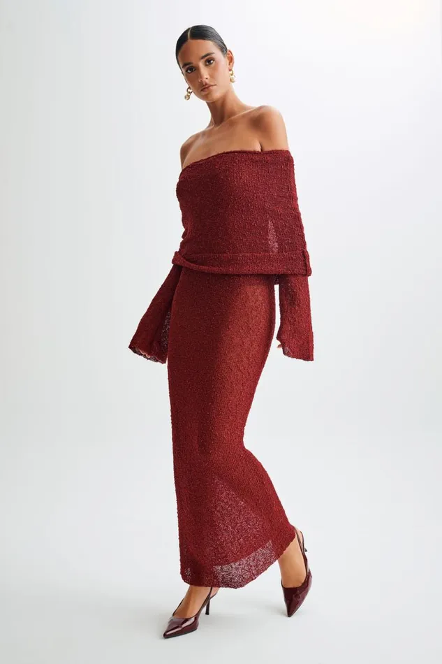 Women Meshki Dresses Marisol Off Shoulder Boucle Maxi Dress 8211 Plum