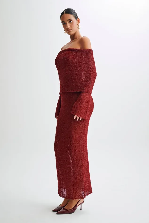 Women Meshki Dresses Marisol Off Shoulder Boucle Maxi Dress 8211 Plum