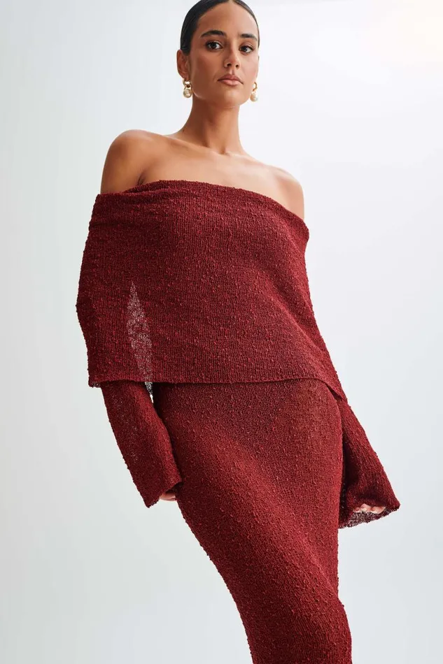 Women Meshki Dresses Marisol Off Shoulder Boucle Maxi Dress 8211 Plum