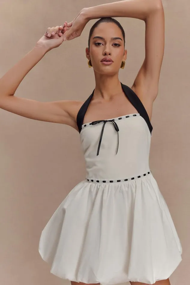 Women Meshki Dresses Queenie Halter Bubble Mini Dress 8211 BlackWhite