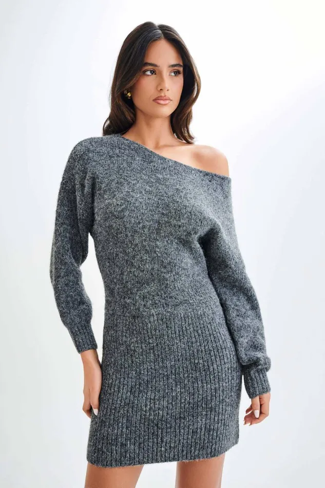 Women Meshki Dresses Rafferty Boat Neck Knit Mini Dress 8211 Charcoal Marle