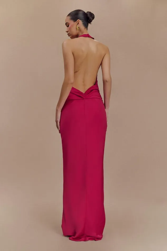 Women Meshki Dresses Rinna Satin Halter Maxi Dress 8211 Pink Cherry