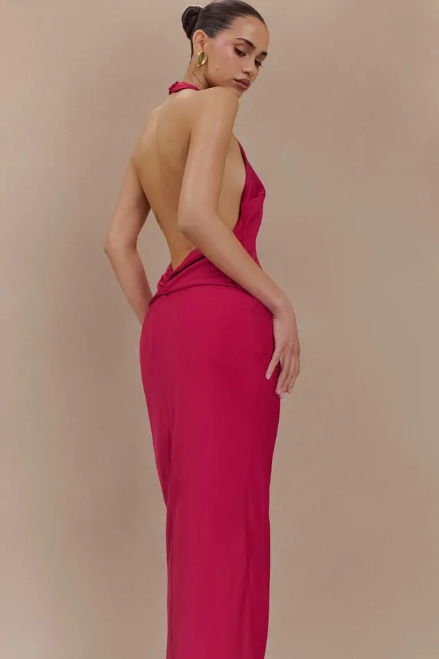 Women Meshki Dresses Rinna Satin Halter Maxi Dress 8211 Pink Cherry