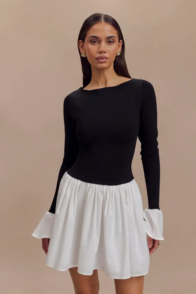 Women Meshki Dresses Sansa Knit And Linen Mini Dress 8211 Black and White