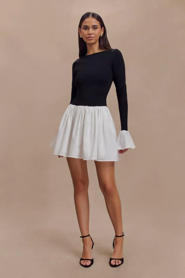 Women Meshki Dresses Sansa Knit And Linen Mini Dress 8211 Black and White
