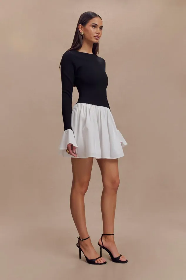 Women Meshki Dresses Sansa Knit And Linen Mini Dress 8211 Black and White