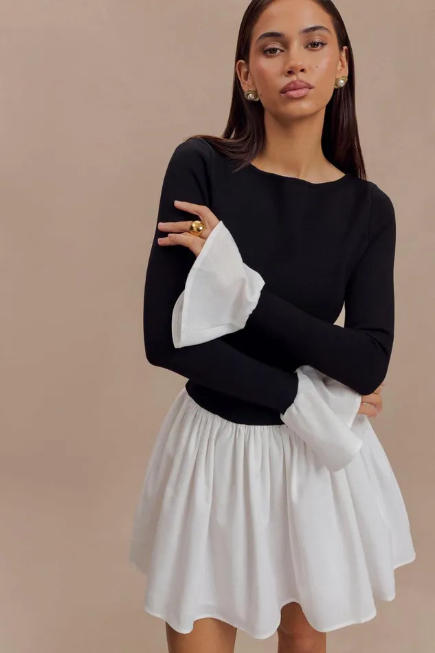 Women Meshki Dresses Sansa Knit And Linen Mini Dress 8211 Black and White
