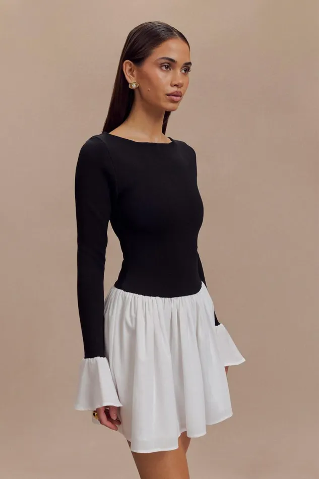 Women Meshki Dresses Sansa Knit And Linen Mini Dress 8211 Black and White