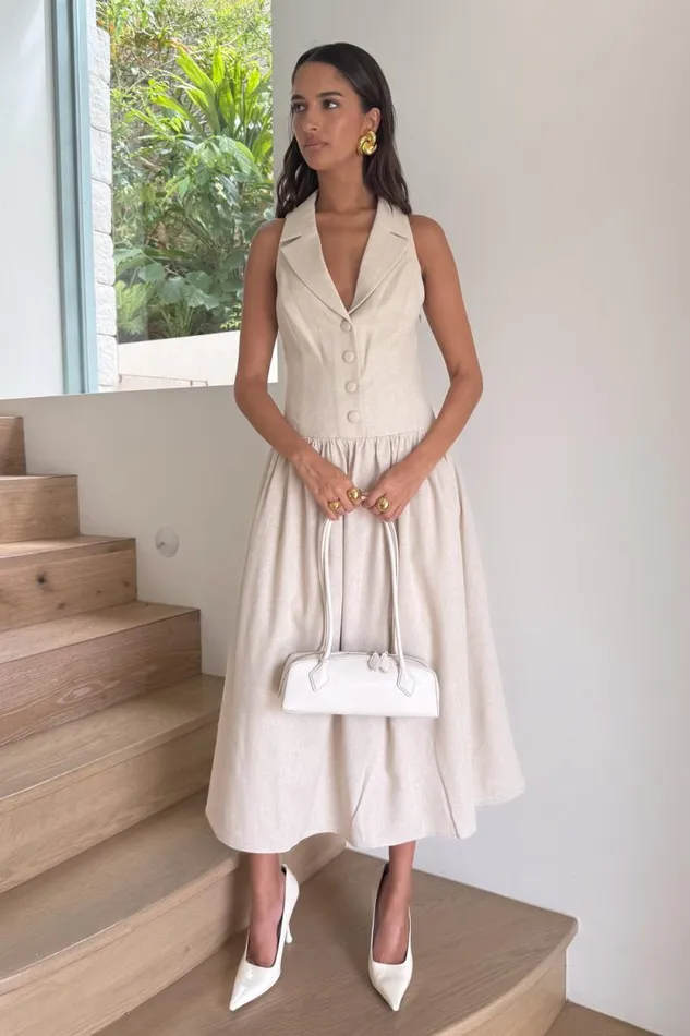 Women Meshki Dresses Valery Linen Midi Collar Dress 8211 Natural