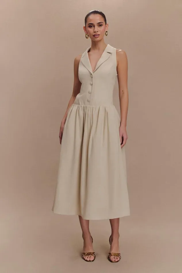 Women Meshki Dresses Valery Linen Midi Collar Dress 8211 Natural