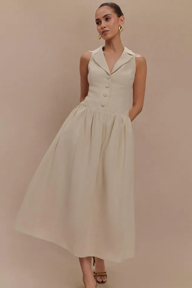 Women Meshki Dresses Valery Linen Midi Collar Dress 8211 Natural