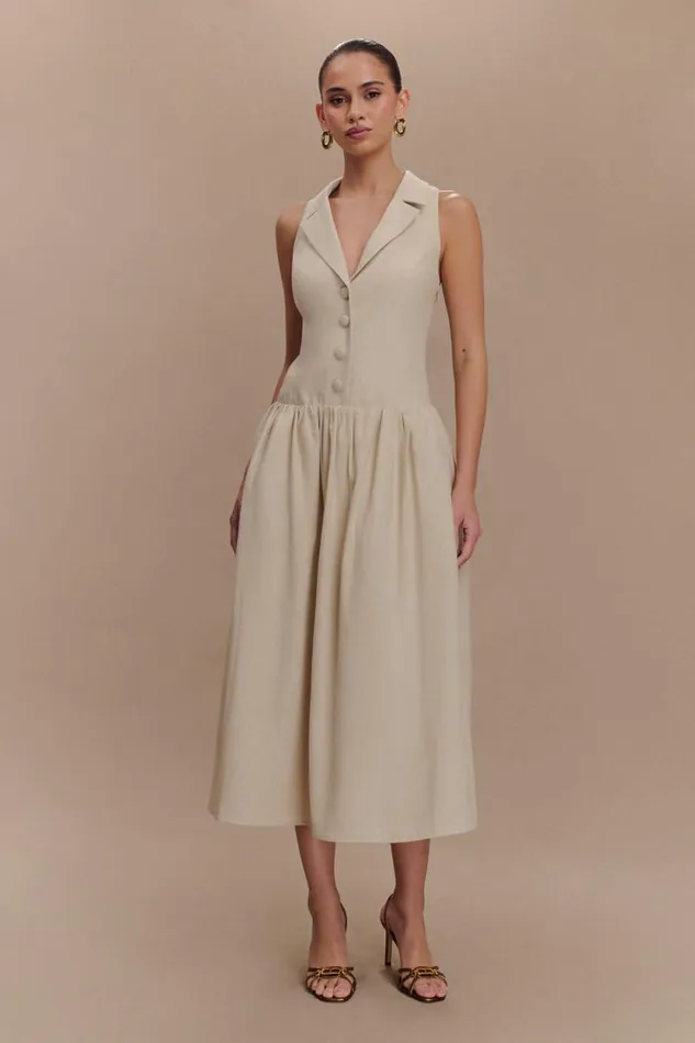 Women Meshki Dresses Valery Linen Midi Collar Dress 8211 Natural