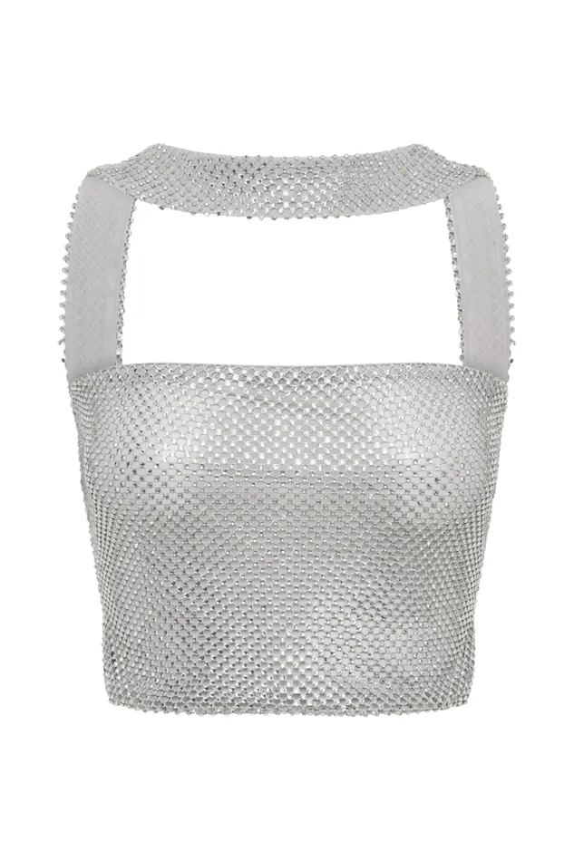 Women Meshki Tops Agnes Diamante Mesh Halter Top 8211 Silver