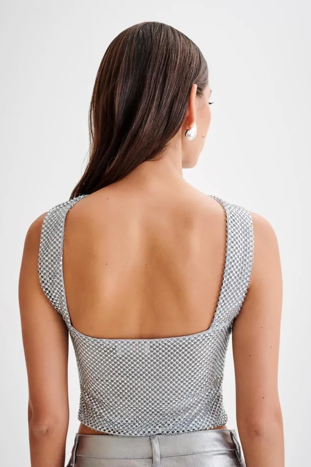 Women Meshki Tops Agnes Diamante Mesh Halter Top 8211 Silver