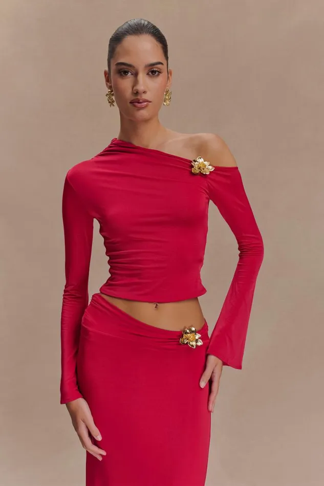 Women Meshki Tops Ainsley Asymmetrical Long Sleeve Top With Floral Hardware 8211 Fuchsia Pink