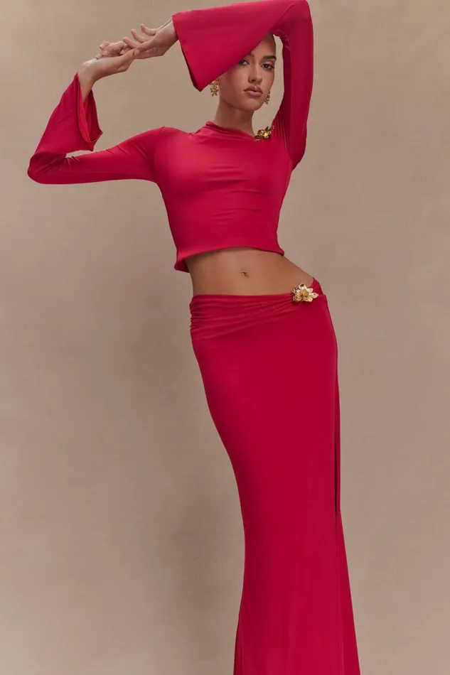 Women Meshki Tops Ainsley Asymmetrical Long Sleeve Top With Floral Hardware 8211 Fuchsia Pink