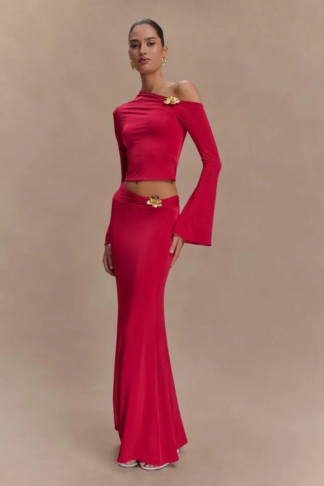 Women Meshki Tops Ainsley Asymmetrical Long Sleeve Top With Floral Hardware 8211 Fuchsia Pink