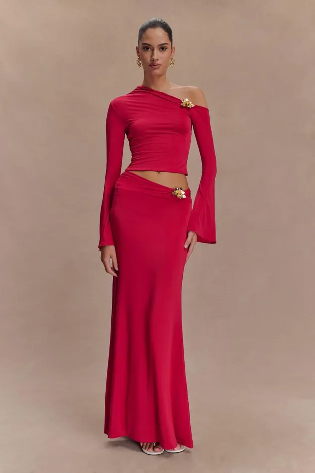 Women Meshki Tops Ainsley Asymmetrical Long Sleeve Top With Floral Hardware 8211 Fuchsia Pink