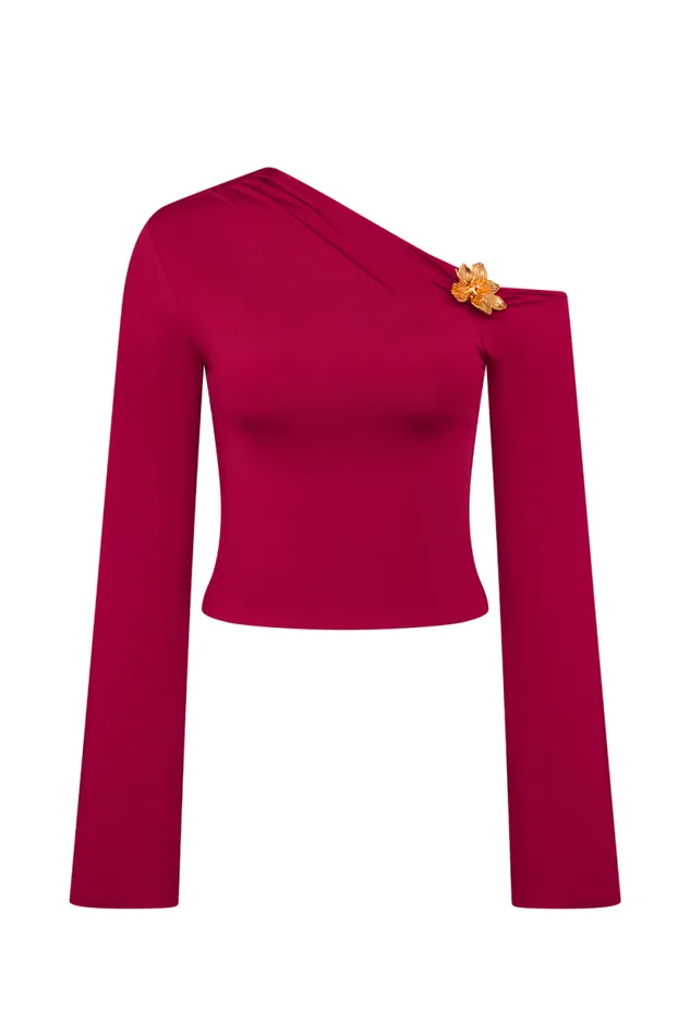 Women Meshki Tops Ainsley Asymmetrical Long Sleeve Top With Floral Hardware 8211 Fuchsia Pink